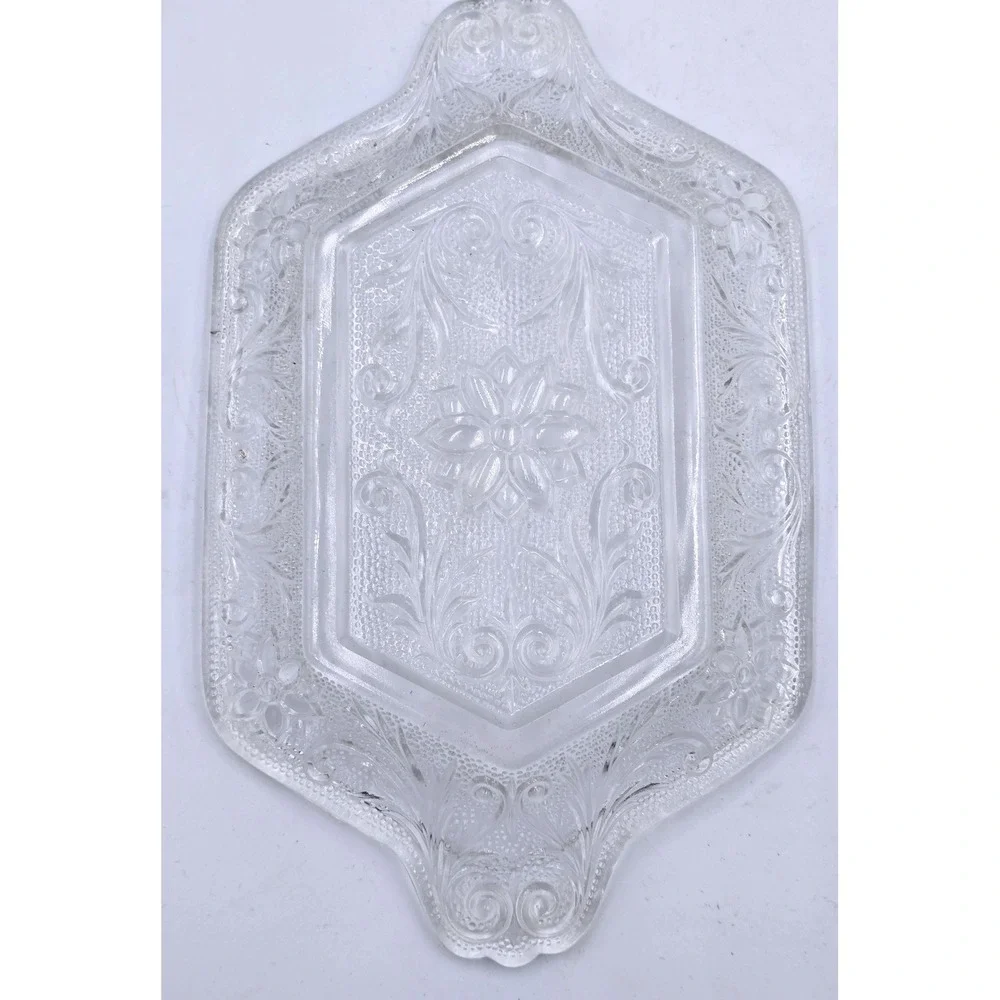 Vintage Clear Glass Embossed Floral Pattern Creamer and Sugar Bowl‎ with Tray